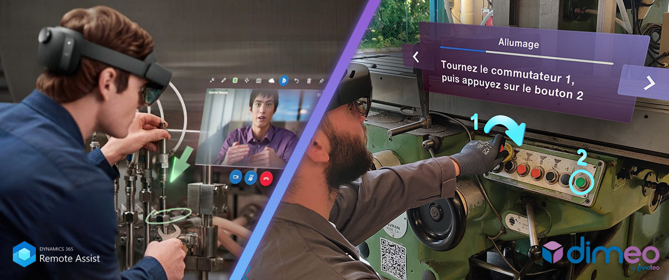 Visuel illustrant les usages des applications dimeo & Remote Assist en Réalité Mixte